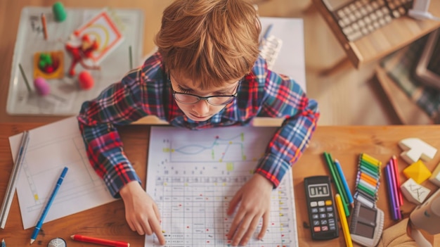 A focused child is working on a math problem in a colorful workbook, while a parent provides guidance and encouragement, pointing to a specific part of the exercise. The atmosphere is supportive and positive.