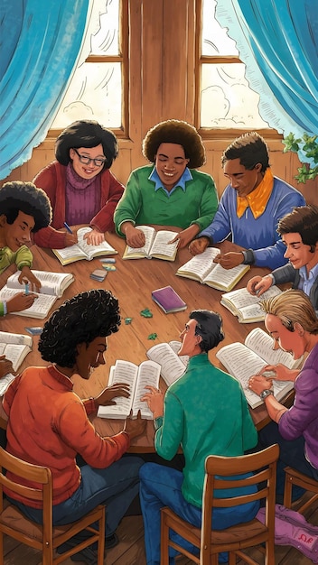 A diverse group of students are gathered around a table, deeply engaged in reading and using a digital tablet. They are smiling and appear to be having a great time while learning together. This demonstrates that with the right educational guides, learning can be fun and collaborative. This scene conveys the idea that with the right educational tools, learning can be an enjoyable group activity.
