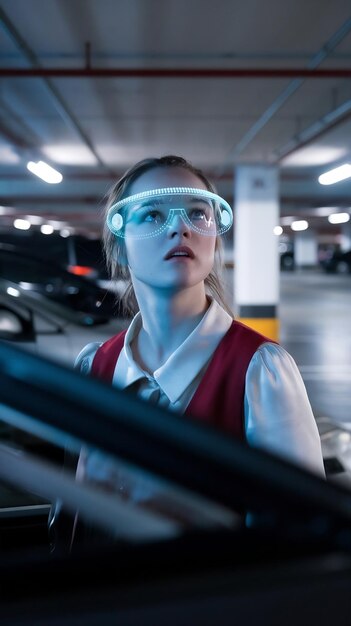 A technician in a car manufacturing plant wearing augmented reality glasses, with a digital overlay showing a 3D model of a car engine and diagnostic information. The background shows the assembly line with various car parts.