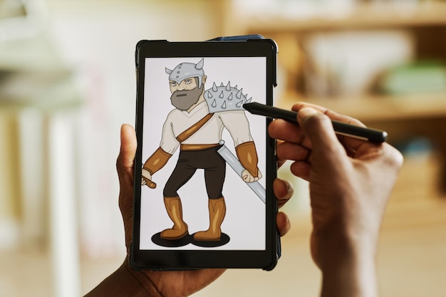 A graphic illustrating a Spanish artist creating an NFT on a tablet, with blockchain symbols and cryptocurrency icons floating around. The image should convey the intersection of art, technology, and finance in the Spanish context.