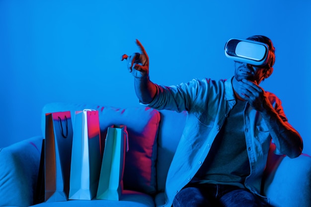 A person wearing a VR headset, immersed in a virtual shopping experience within a digital store. Virtual products are displayed, and a digital avatar of a salesperson interacts with the user.