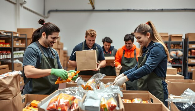 Volunteers from a local food bank assemble boxes of food for distribution in a brightly lit warehouse. The focus is on their efficient teamwork and the organized arrangement of food items.