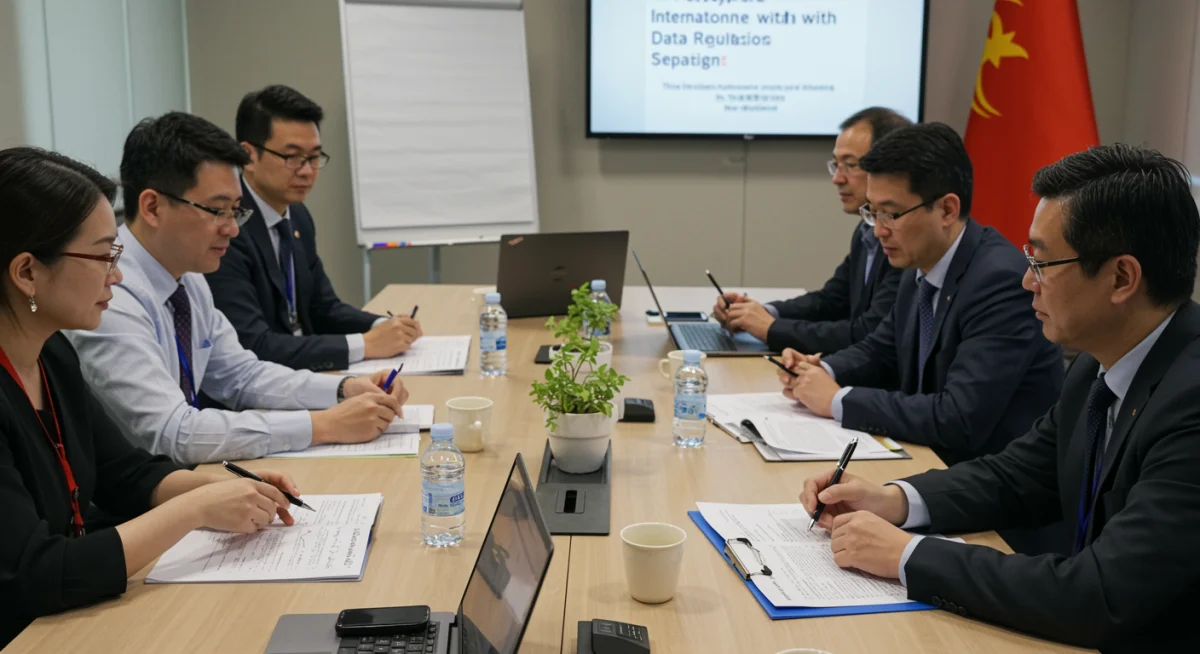 Profesionales españoles y chinos colaborando en una mesa de reuniones para la adaptación a la normativa de protección de datos.