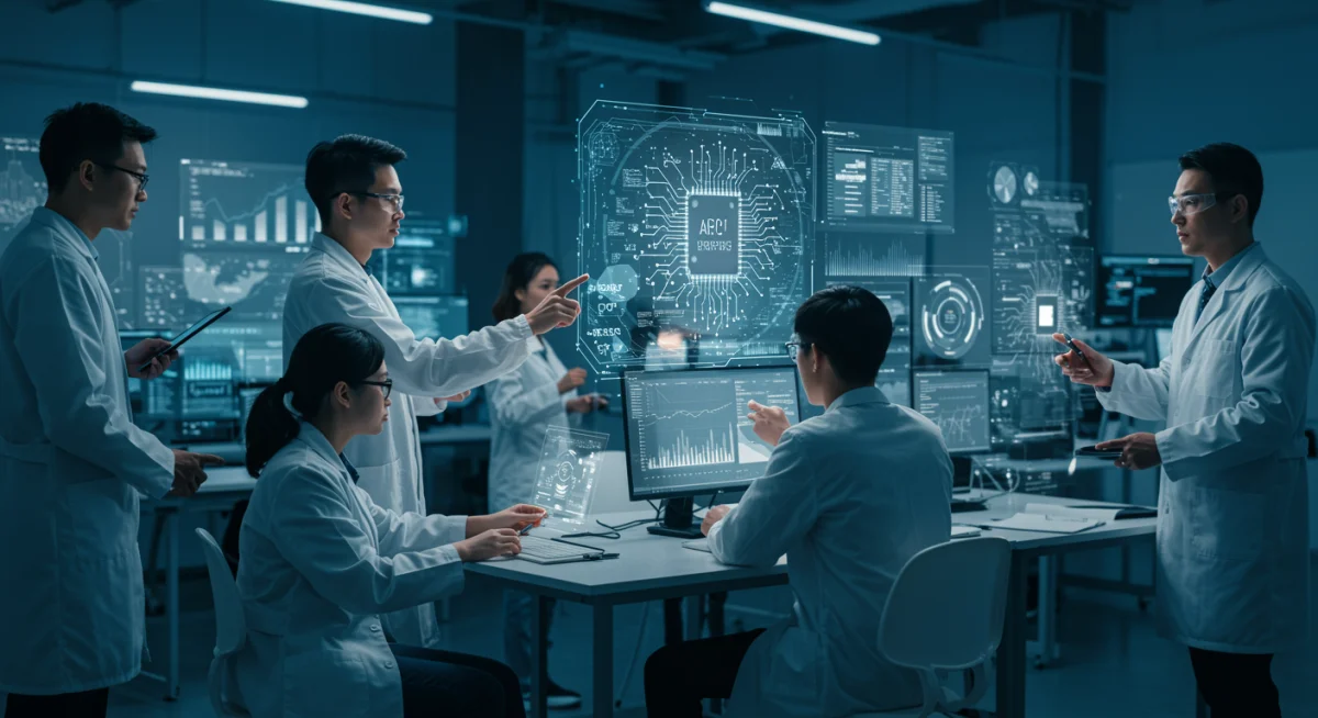 Científicos e ingenieros colaborando en un laboratorio de alta tecnología con IA avanzada