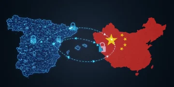 Flujo de datos seguro entre España y China, representando la protección de datos bajo la nueva ley china de 2026.