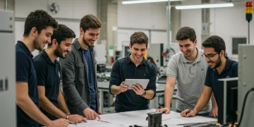 Jóvenes estudiantes de Formación Profesional Dual colaborando en un taller moderno, simbolizando las nuevas oportunidades educativas en España.