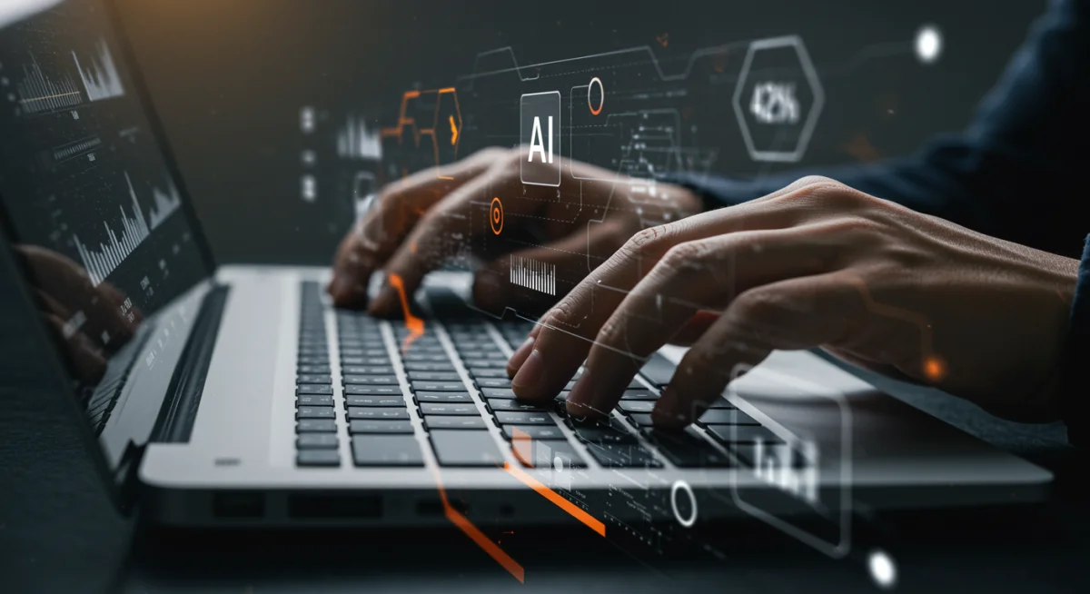 Manos de una persona interactuando con una interfaz de IA generativa, mostrando sugerencias de contenido y visualizaciones de datos para optimizar el trabajo.