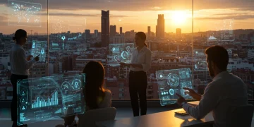 Oficina futurista con profesionales españoles utilizando IA generativa para aumentar la productividad en 2026.