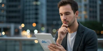 Subsidio por Desempleo 2026: Cambios y Maximización en España Persona consultando información sobre el subsidio por desempleo en un dispositivo electrónico, con el skyline de una ciudad al fondo.