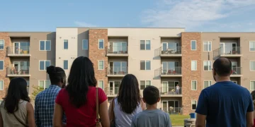 Grupo diverso de personas observando un edificio de apartamentos, simbolizando el acceso a viviendas asequibles y las ayudas al alquiler en España.