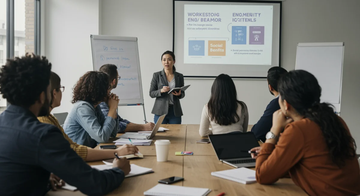 Grupo de personas en un seminario informativo sobre derechos y ayudas por desempleo.