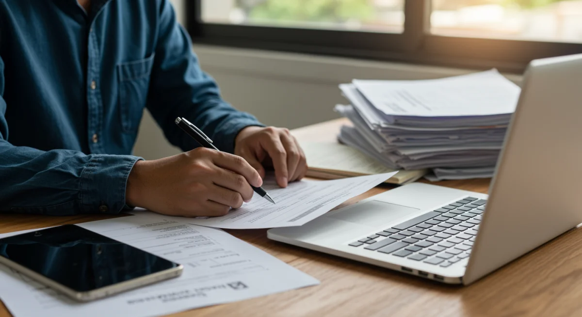 Persona rellenando formularios de solicitud en un ordenador, representando el proceso de tramitación de ayudas al alquiler.