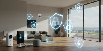 Hogar inteligente español con dispositivos protegidos por ciberseguridad avanzada en 2026.