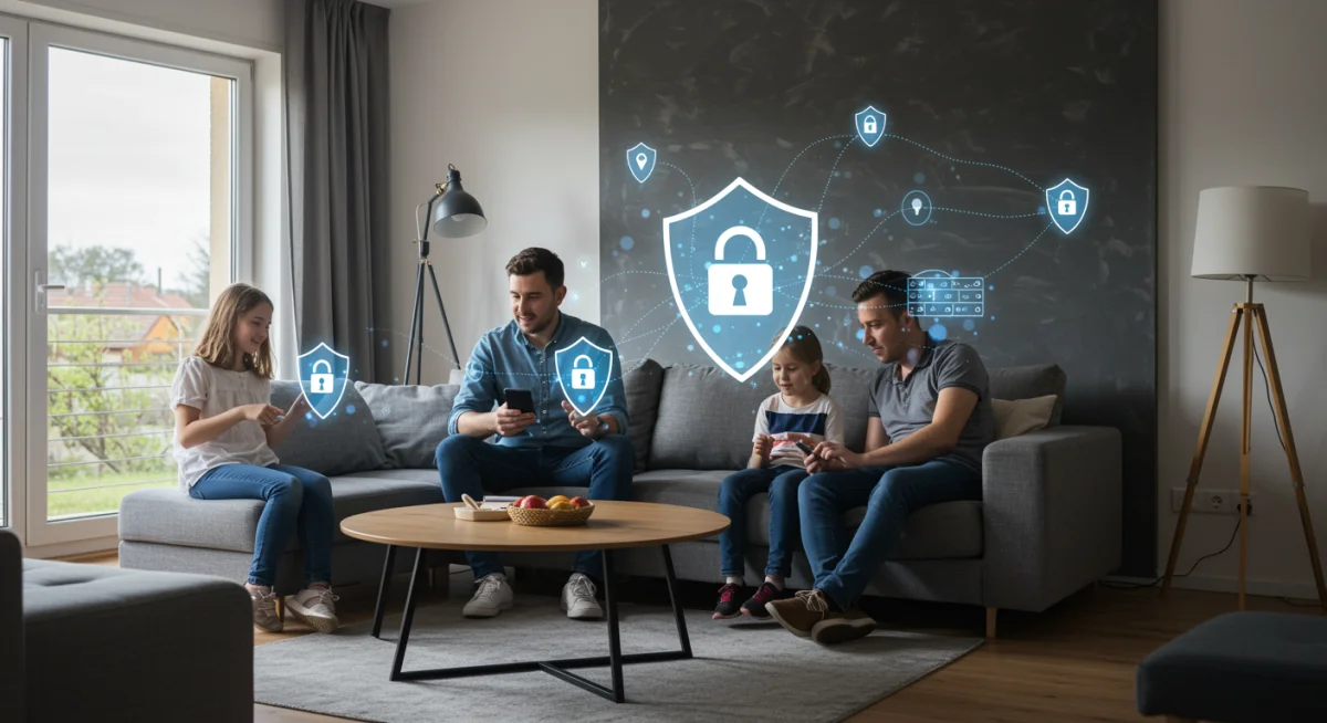 Familia española interactuando con dispositivos inteligentes protegidos por ciberseguridad.