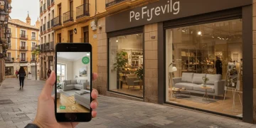 Cliente usando Realidad Aumentada con su móvil para probar un sofá virtualmente en una tienda española.