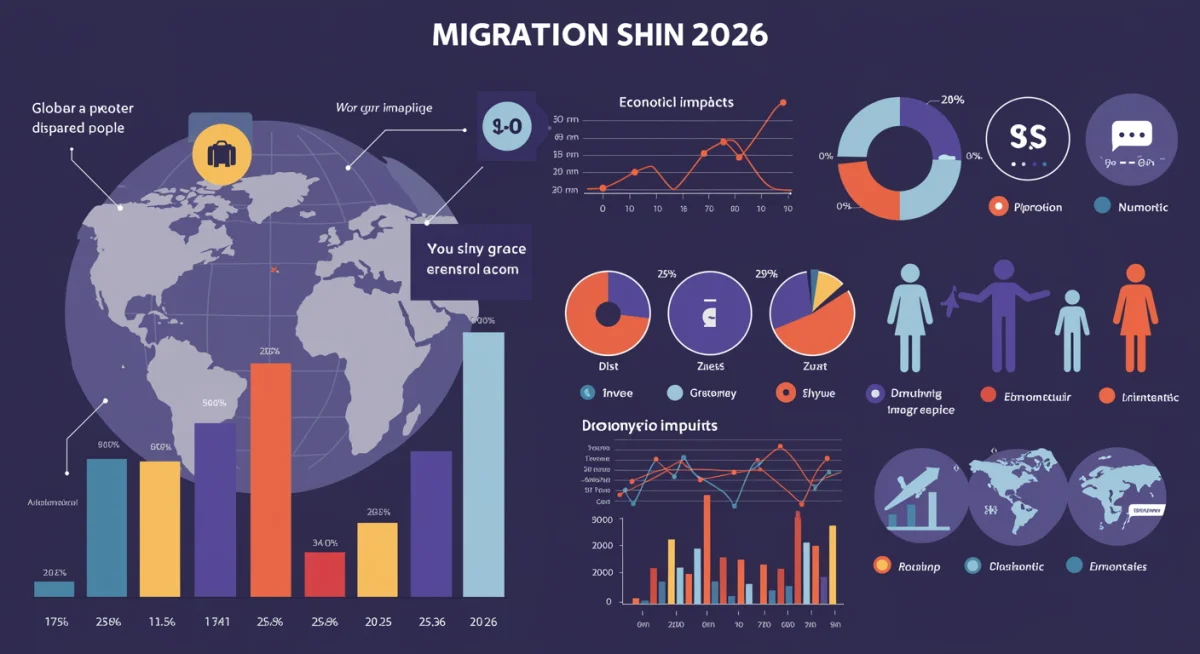 Infographic displaying 2026 global migration data, economic impacts, and demographic shifts.
