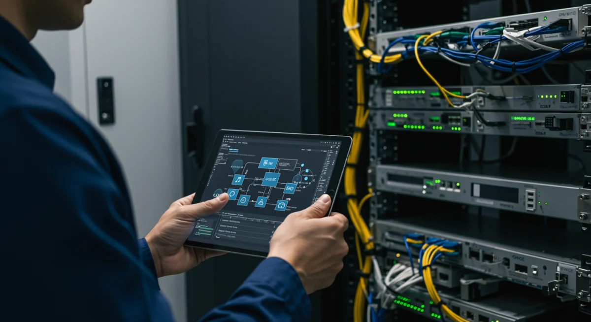 Network engineer configuring 5G private network infrastructure in a data center.