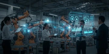 Industrial robots connected via a secure 5G private network in a modern factory setting.