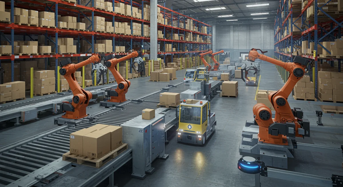 Automated warehouse with robots and autonomous vehicles for logistics
