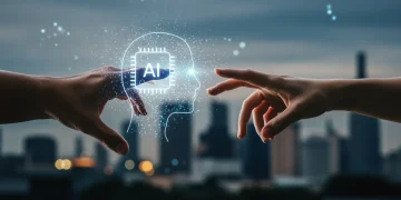 Human hand interacting with abstract AI glowing entity, representing societal concern over unregulated AI.