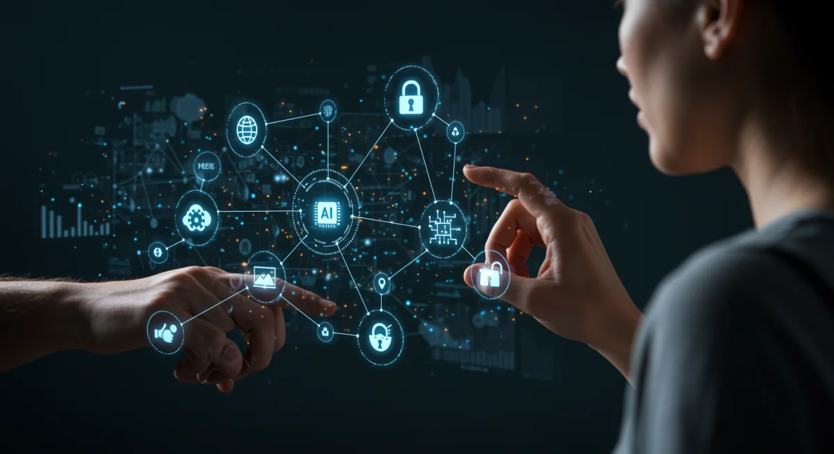 Digital interface showing complex AI algorithms and data, highlighting privacy and bias issues.