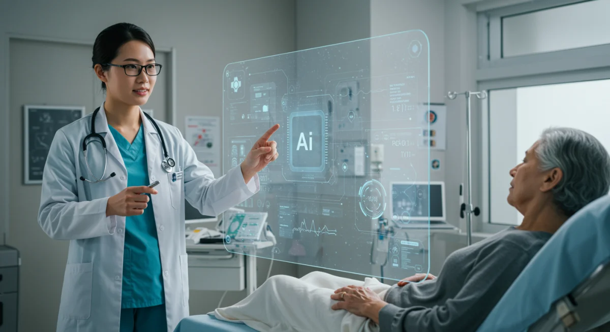 Doctor and patient using AI diagnostic tools in a smart hospital