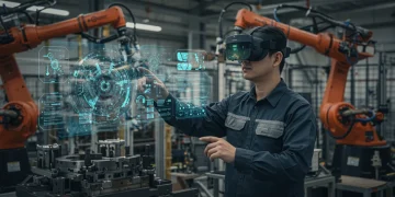 Factory worker using AR headset for manufacturing assembly