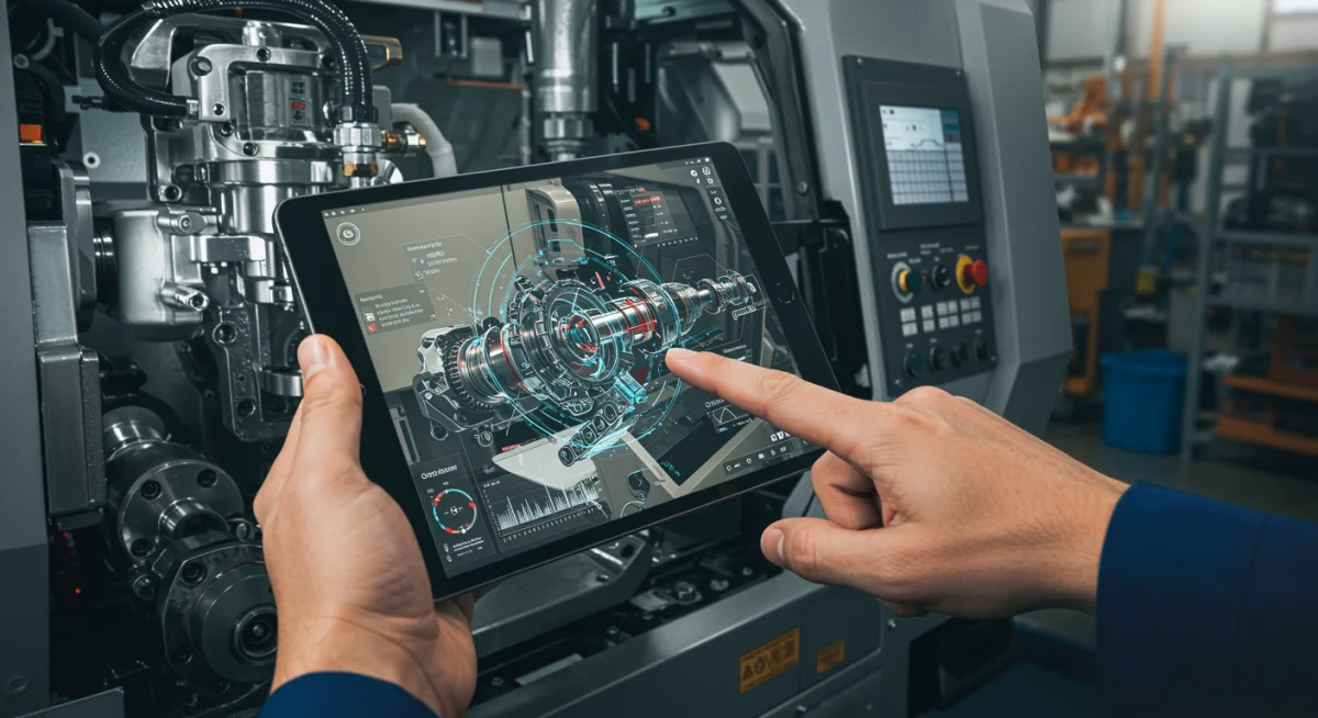 Technician using AR tablet for machine maintenance and diagnostics
