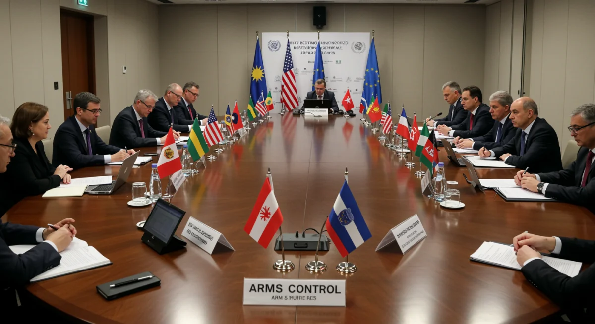 International diplomats negotiating arms control treaties at a conference table