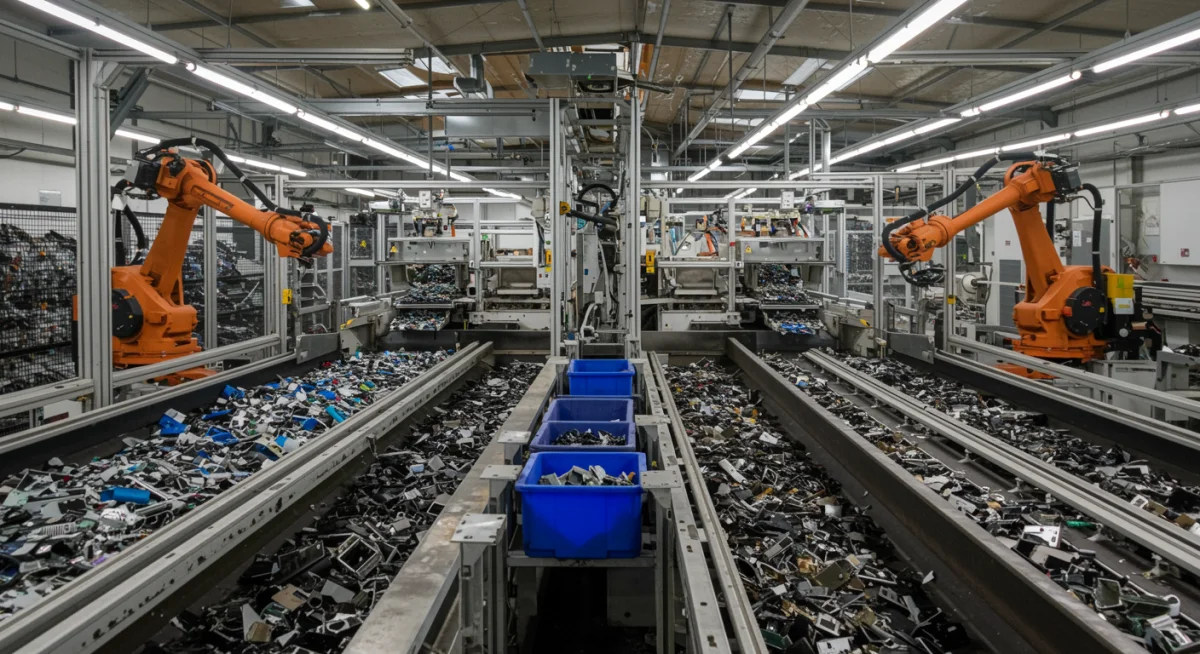 Automated e-waste sorting facility with robotic arms separating materials.