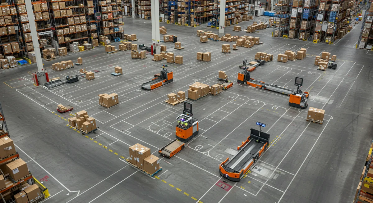 Overhead view of various automated guided vehicles (AGVs) in a large US warehouse.