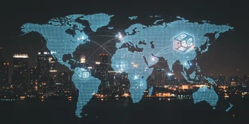 Global supply chain network enhanced by blockchain technology, showing secure data flow and interconnected logistics.