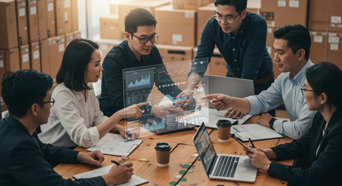 Supply chain partners collaborating using a shared blockchain-powered data dashboard.