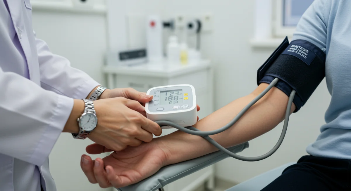 Doctor measuring patient's blood pressure, emphasizing regular health checks.