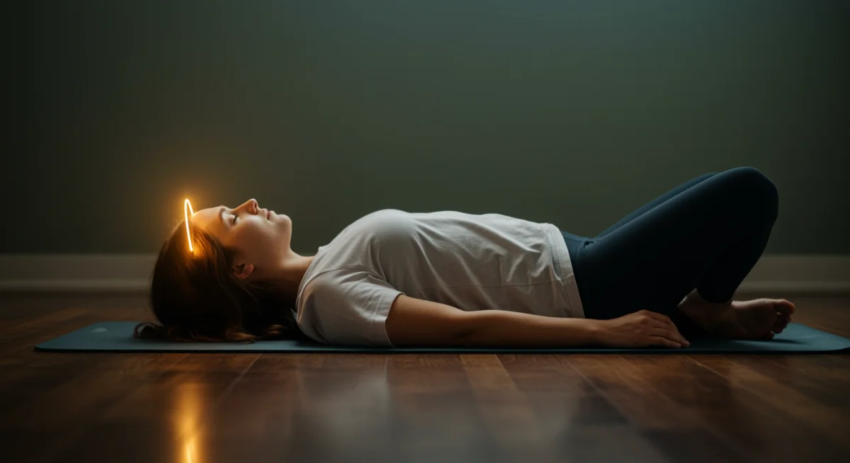Individual practicing body scan meditation, lying down for relaxation.