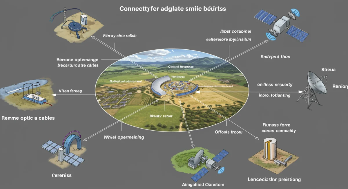 Diagram illustrating various broadband technologies connecting a rural community.