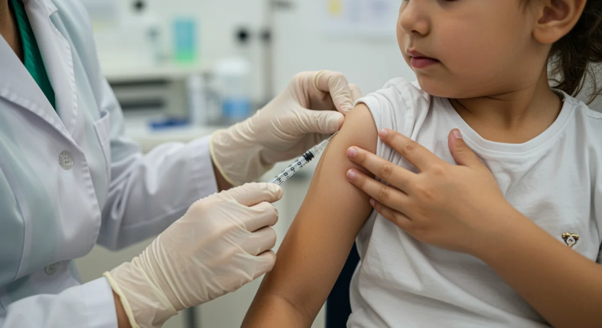 Healthcare professional administering a routine vaccine to a calm child.