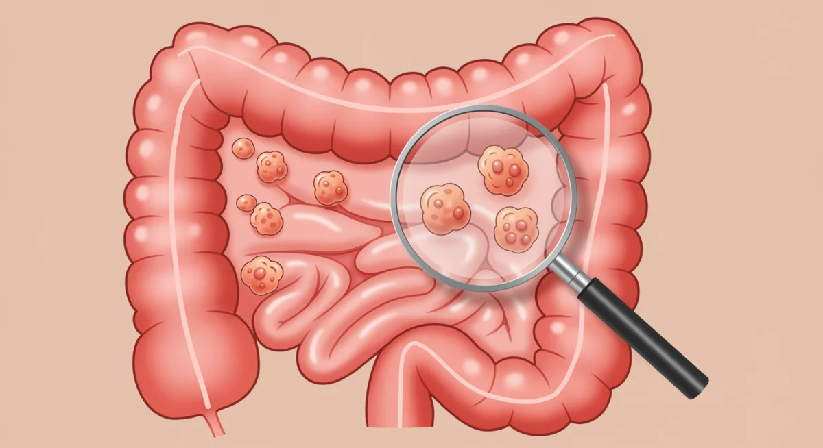 Illustration showing colon polyps and early detection for colorectal cancer screening.