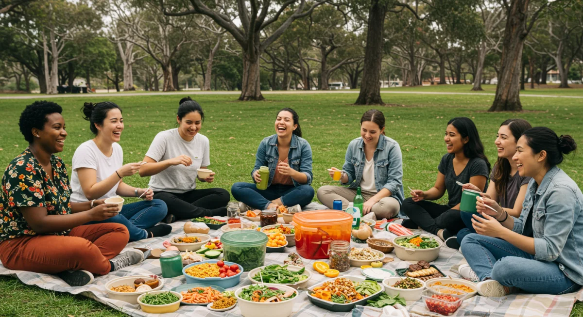 Diverse group enjoying a plant-based potluck outdoors, illustrating community and healthy eating.