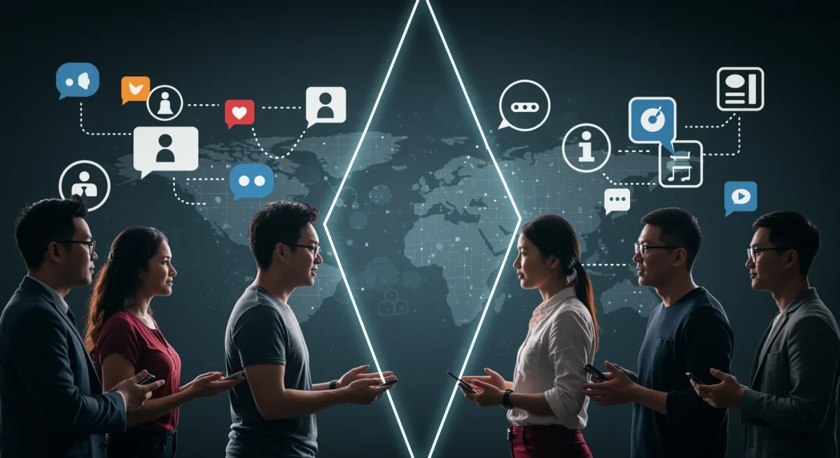 Diverse individuals engaging in constructive online dialogue, promoting unity over division.
