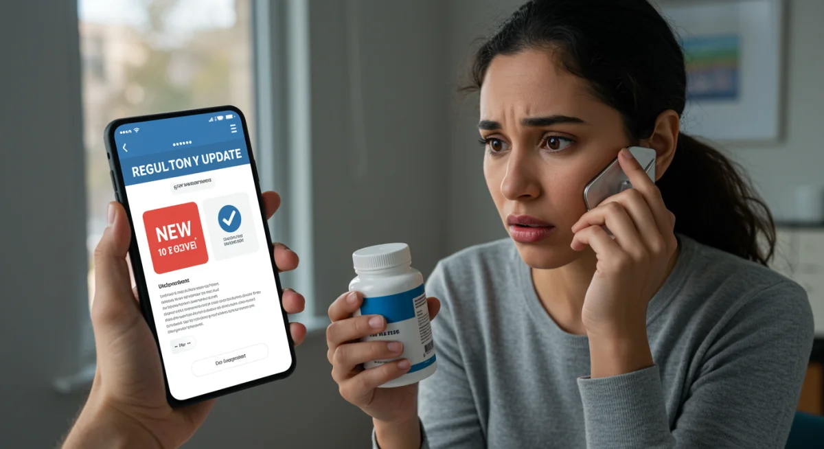 Concerned consumer checking FDA supplement regulation updates on smartphone.