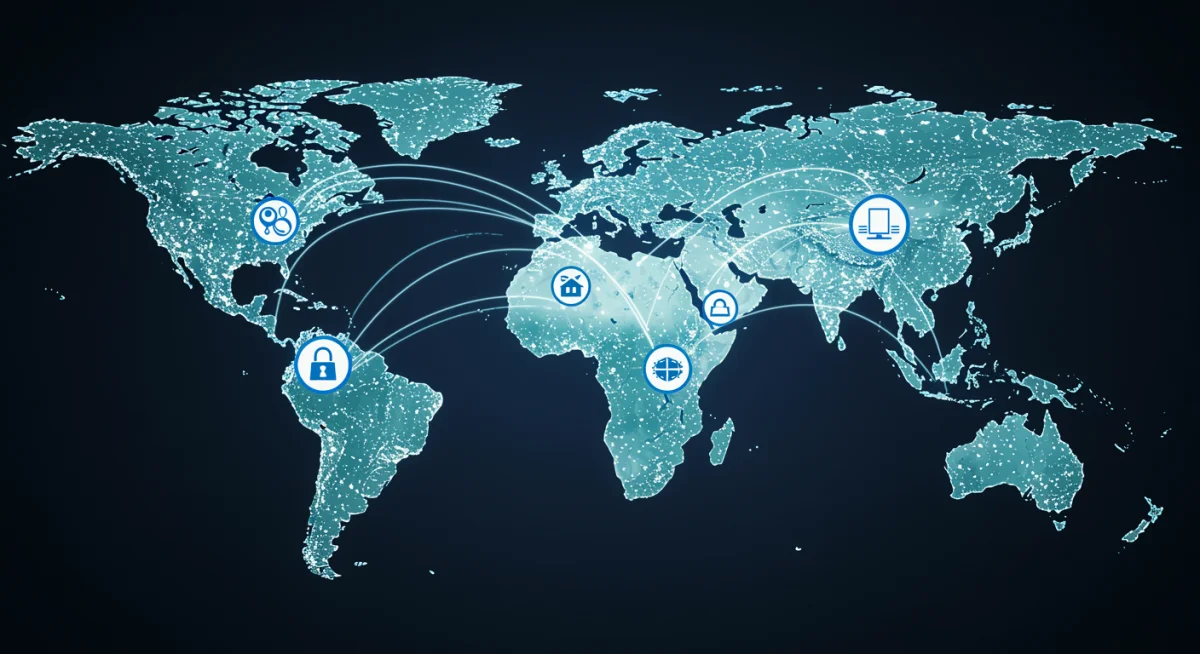 Visual representation of cross-border data flow and international regulatory frameworks.