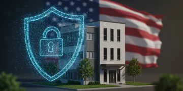 Digital shield protecting a small U.S. tech business office, symbolizing robust cyber resilience.
