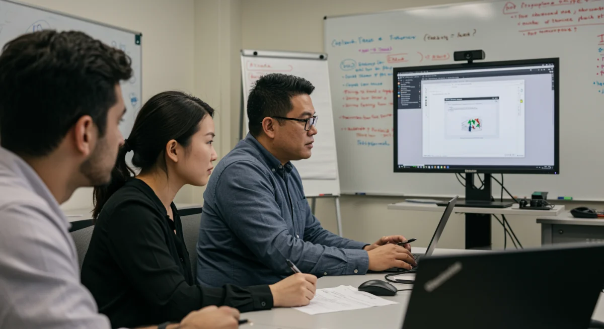 Team members participating in a cybersecurity awareness training session, learning to identify phishing emails.