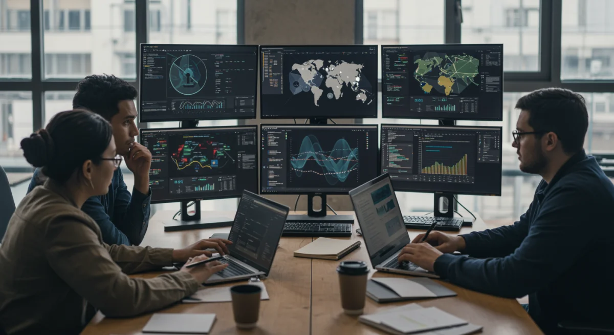 Cybersecurity team analyzing threat intelligence for IoT devices.