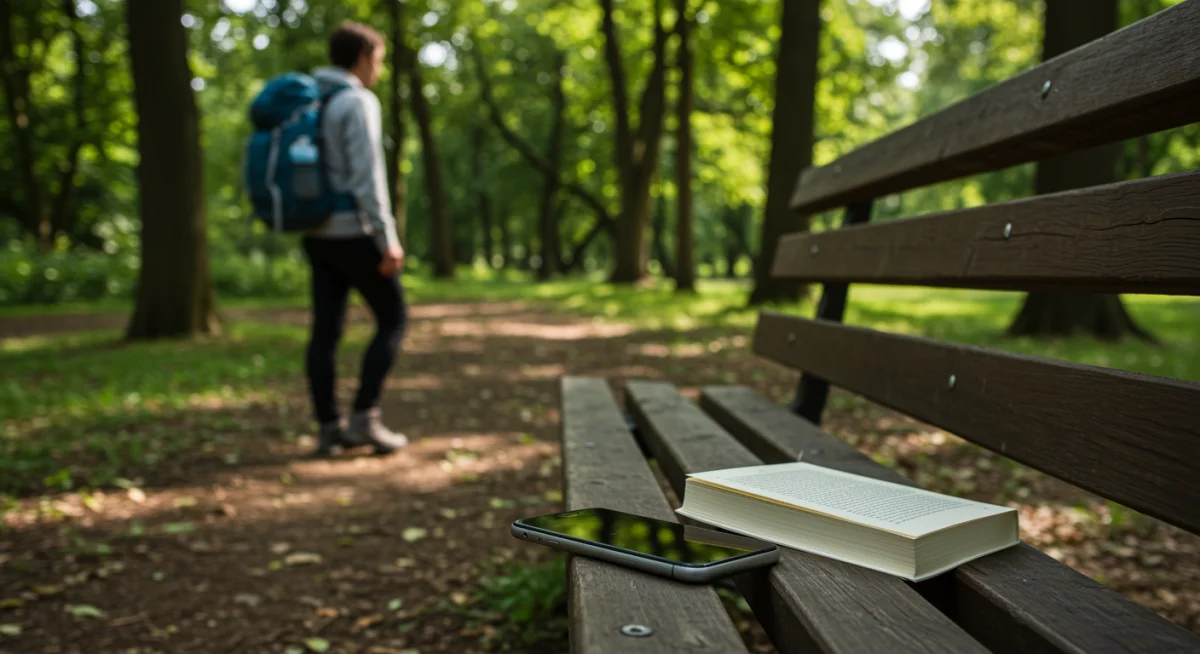 Person engaged in outdoor activity, taking a digital detox break from their smartphone.