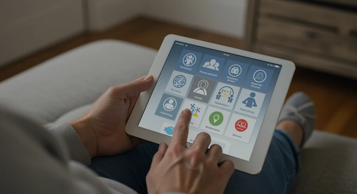 Individual accessing digital mental health resources and therapy apps on a tablet at home, promoting remote support.