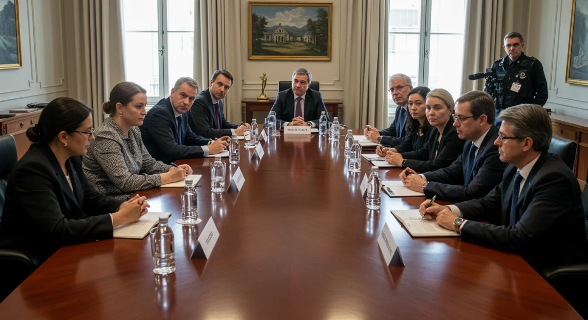 Diplomats and aid workers collaborating on international humanitarian response strategy.