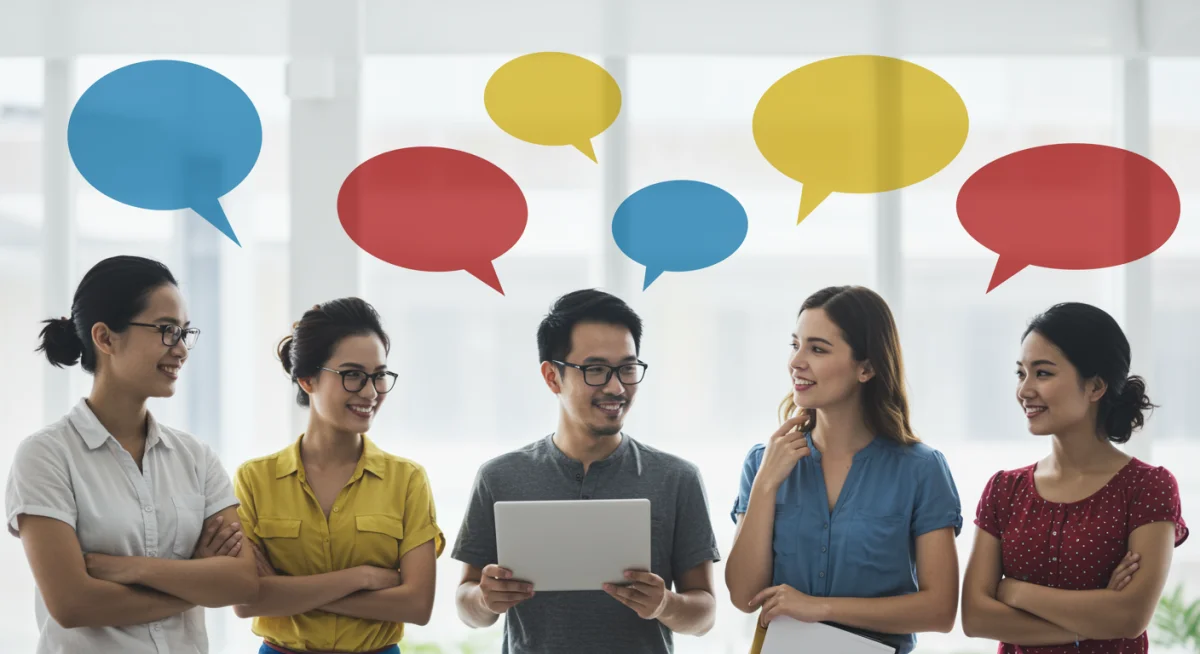 Diverse individuals engaging in open discussion, contrasting with echo chambers.