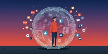 Illustration of a person trapped in an echo chamber of personalized news, surrounded by reinforcing opinions.